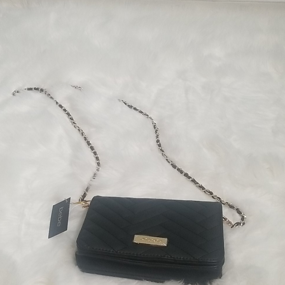 Bebe Crossbody Black Purse With Gold Chain Strap